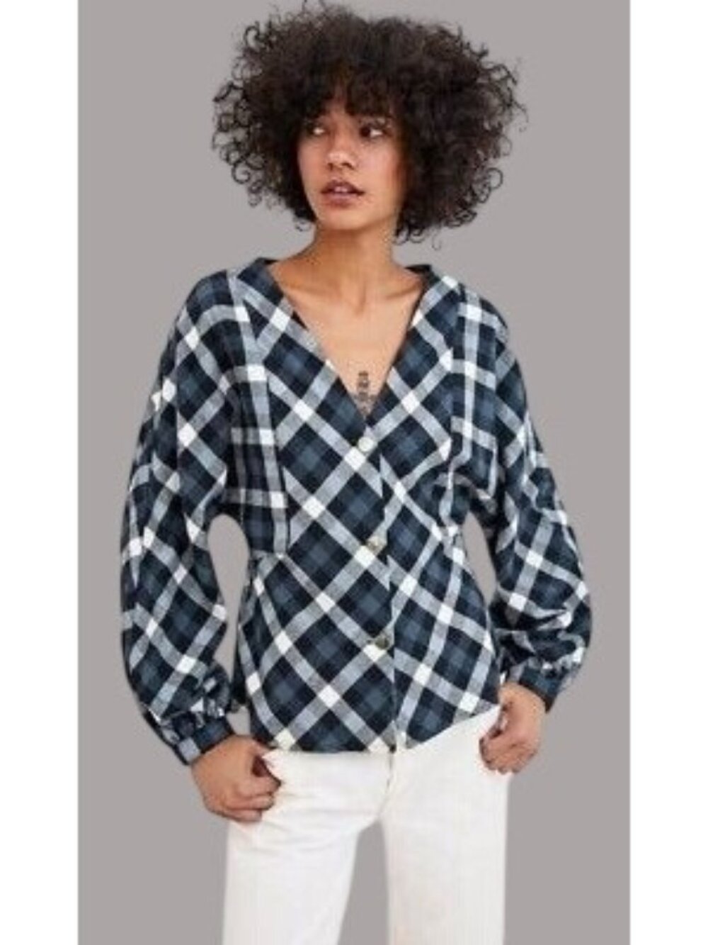 Zara TRF Collection Black White Plaid Tweed Knit Button Down Blazer Top Size L